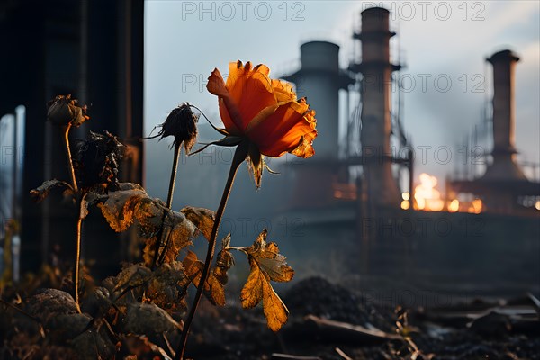 Wilted flower against a backdrop of industrial smokestacks, AI generated