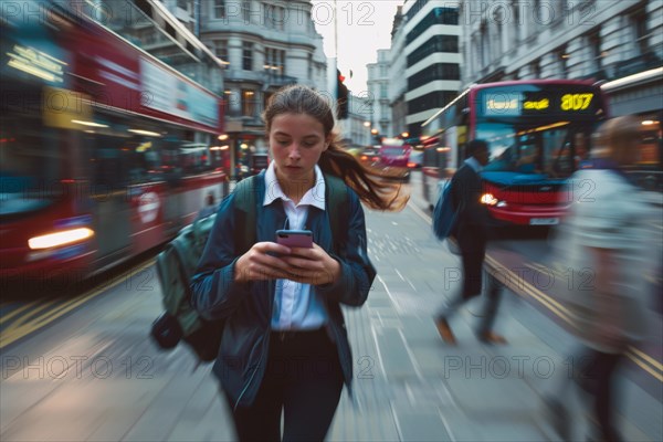 A young woman in a hurry looks at her smartphone on a busy street, symbolic image for accident risk due to media distraction, double-decker bus in London City with motion blur, hectic environment, AI generated, AI generated, AI generated