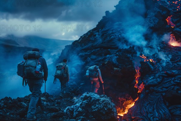 Tourists, hiking group, expedition, onlookers on the way to an active volcano, surrounded by hot, partially cooled lava flows, symbolic image for volcano tourism, disaster tourism, travel trends and the associated dangers, AI generated, AI generated, AI generated