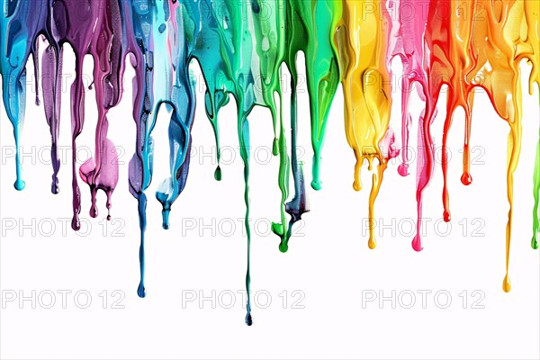 Thick acrylic or oil paint colors dripping from white wall. KI generiert, generiert, AI generated