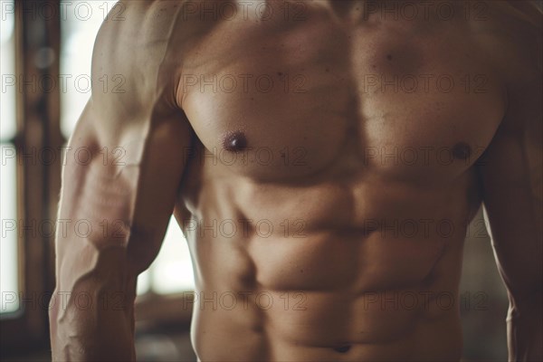 Close up of stomach abs on muscular well trained man. KI generiert, generiert, AI generated