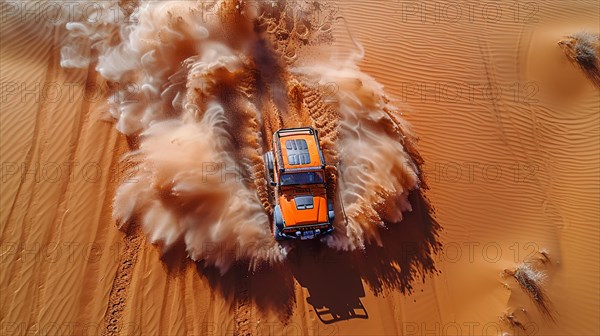 Top aerial view of an orange car driving through desert dunes, leaving tracks in the sand, action sports photography, AI generated