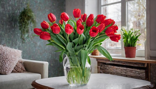 A large bouquet of red tulips in a vase, stands on the table in the flat, spring, AI generated, AI generated