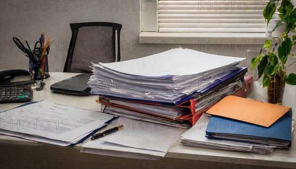 A messy desk with high piles of paper and office supplies, symbolism bureaucracy, AI generated, AI generated