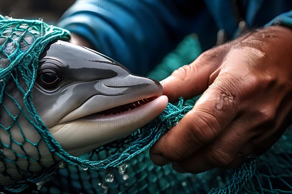 Fisherman's rough hands meticulously disentangling a young dolphin from a fisher net, AI generated, deep sea, fish, squid, bioluminescent, glowing, light, water, ocean