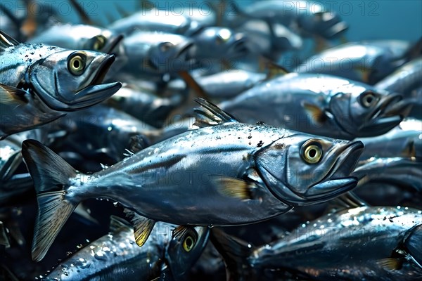 Silver sardines arrive in a dense school their silver scales shimmer under the light, AI generated, deep sea, fish, squid, bioluminescent, glowing, light, water, ocean