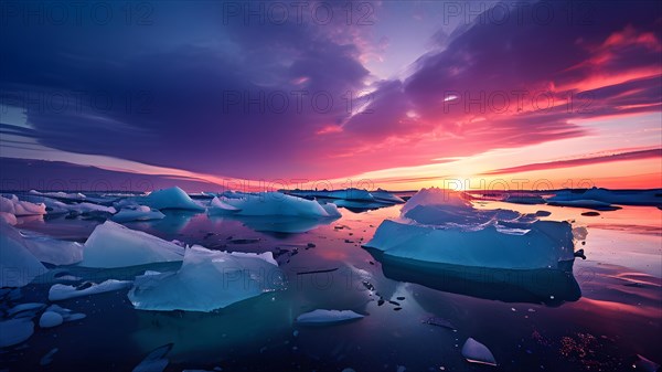 Group of icebergs afloat in a crystal clear frozen sea painted by the hypnotic spectacle of a vibrant sunrise, AI generated