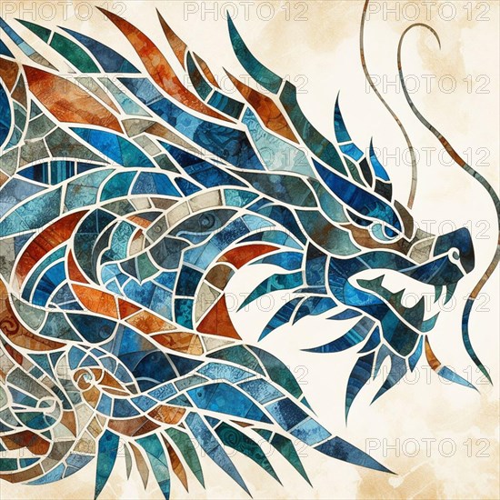 Fierce abstract mosaic of a dragon with geometric designs in cool and warm tones, square aspect, AI generated