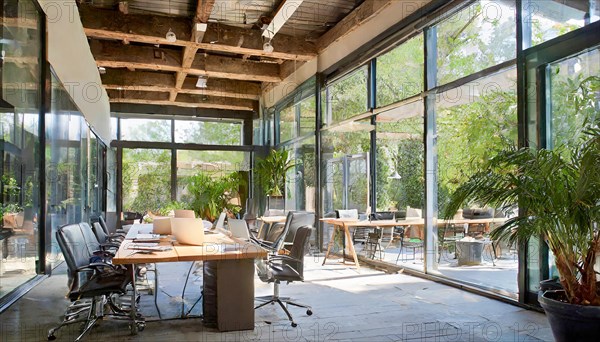 Open office concept with plenty of daylight and a mix of modern and natural elements, symbol office, AI generated, AI generated
