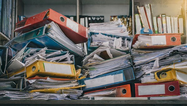 A jumble of overfilled folders and loosely stacked papers, symbol bureaucracy, AI generated, AI generated