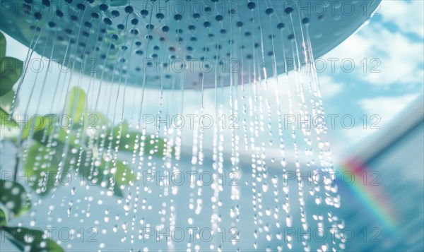 Water cascading from a showerhead with a subtle rainbow in the spray AI generated