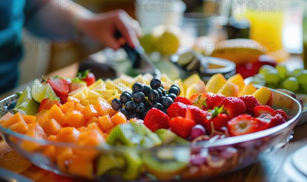 Bright and colorful fruit salad arrangement at a breakfast buffet AI generated