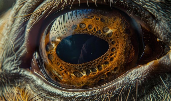 Macro shot of an animal's eye with blue hue surrounded by eyelashes. AI generated