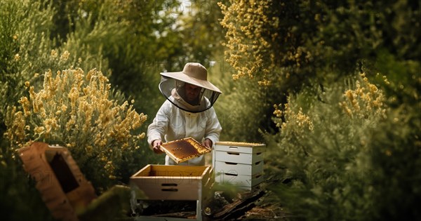 Beekeeper with honeycombs in hands in nature bee apiary, AI generated