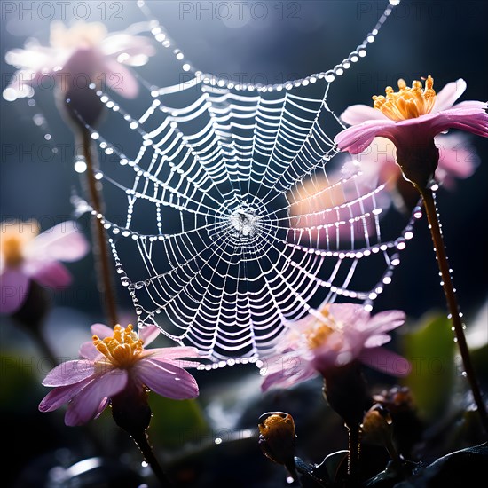 Spider web interlaced among early spring flowers dewdrops, AI generated