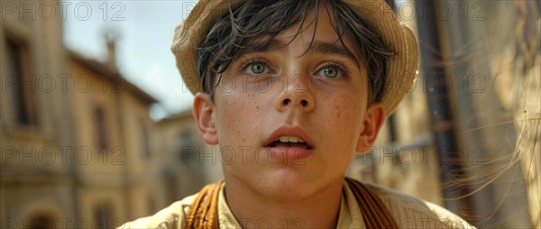 A young boy with a dirty face and hat gazes intensely, sunlight casting shadows, evoking drama, AI generated