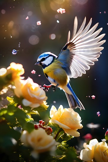 Blue tit bird dynamic takeoff from a blooming garden expressing summer wildlife, AI generated