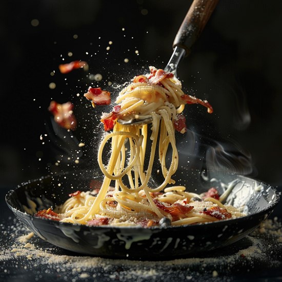 Close-up of a fork twirling steaming carbonara roman pasta with crispy bacon and delicate garnishes, AI generated