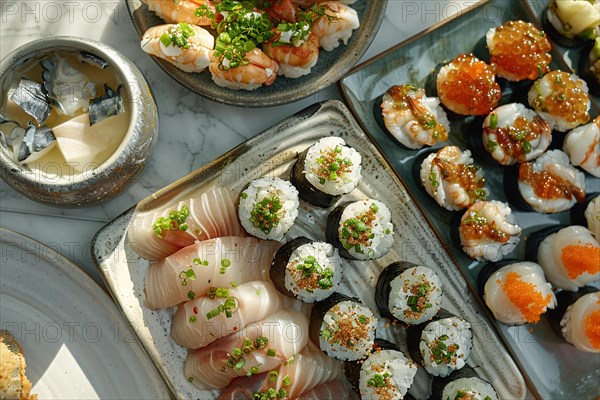 Assorted sushi platters with varied maki and nigiri selections, AI generated