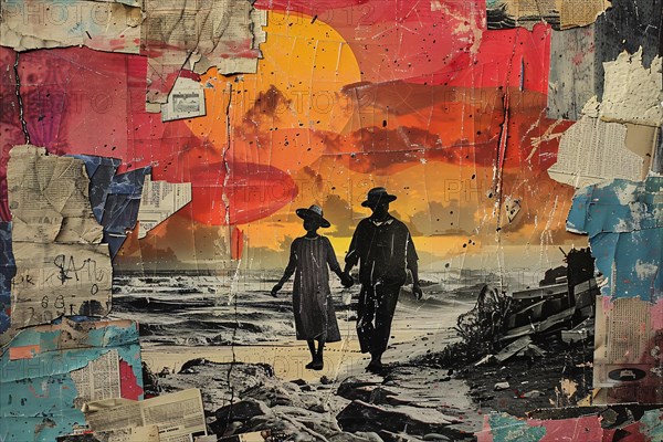 Collage of a silhouette of a couple walking on the beach at sunset in an abstract style, illustration, AI generated