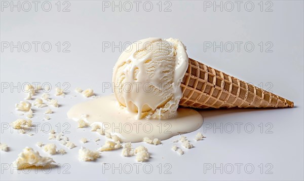 Melting ice cream cone on white background AI generated