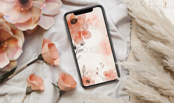 Smartphone mockup on watercolor floral patter AI generated