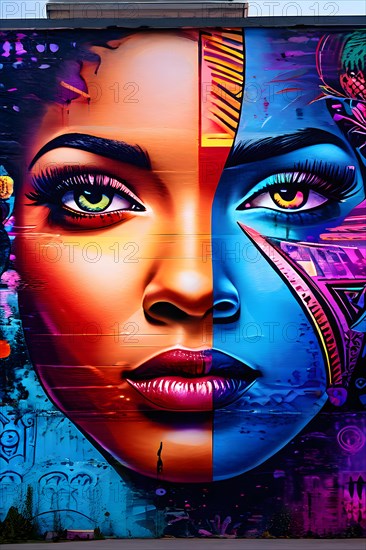 Urban wall mural diverse faces symbols of peace and equality with vibrant eye catching colors, AI generated