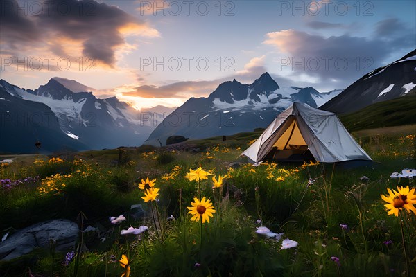 Alpine meadow campsite with wildflowers in full bloom, AI generated