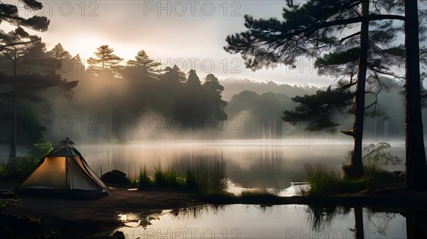 Misty morning tent overlooking serene lake with pine tree silhouettes, AI generated