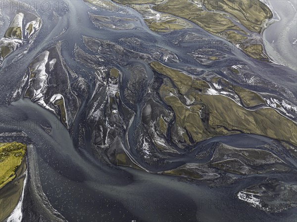 Overgrown river landscape, Eldhraun, near Kirkjubaejarklaustur, drone image, Sudurland, Iceland, Europe