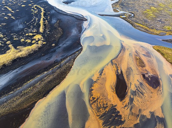 Overgrown mineralised river landscape, drone image, Landeyjasandur, Sudurland, Iceland, Europe