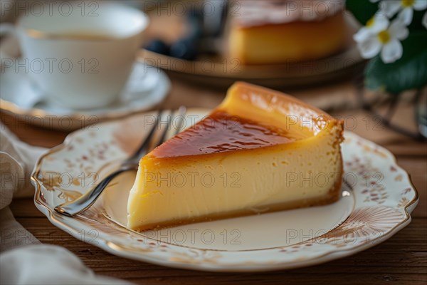 Slice of flan cake on plate. KI generiert, generiert, AI generated