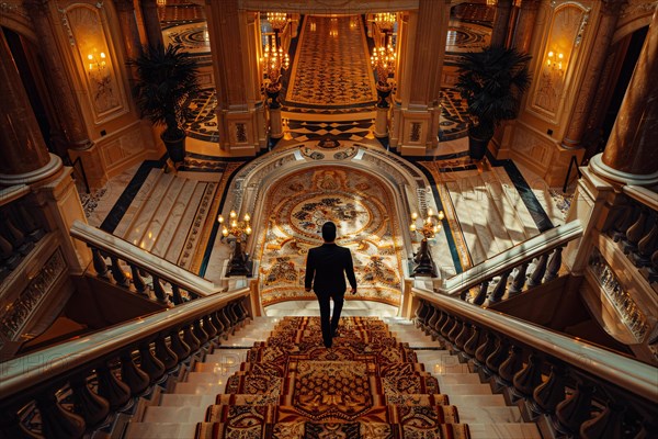 A man descending a grand, ornate staircase in a lavish setting, AI generated