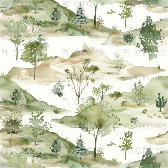 Landscape watercolor pattern with serene scenery and soft tones, abstract nature background, seamless pattern AI generated