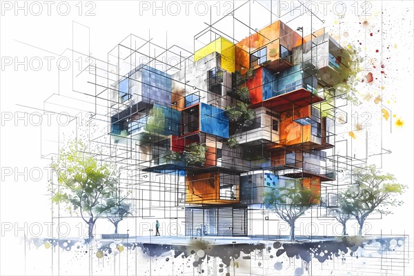 Dynamic abstract illustration of colorful cubic modern architecture, illustration, AI generated