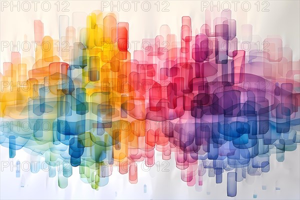 Colorful abstract artwork with overlapping transparent shapes creating a dynamic composition, AI generated