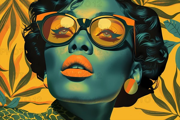 Artistic illustration of a stylized woman with sunglasses amidst tropical foliage, illustration, AI generated