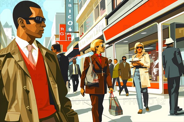 Dynamic city scene with people walking, fashionably dressed, in a sunny urban setting, illustration, AI generated