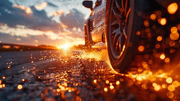 Close up of a car's wheels on wet asphalt with sunset light causing sparkles and bokeh, low ultra wide angle, AI generated