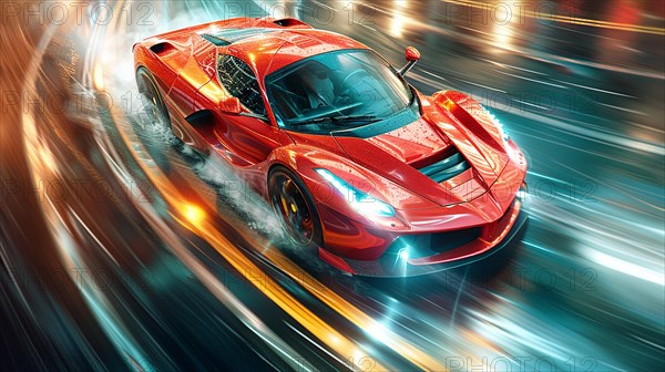 Red sports italian hyper car speeding through a city street with motion blur, turning on a double continuous yellow line, AI generated