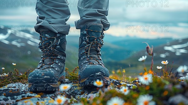 Robust hiking boots traverse rough mountain terrain, surrounded by small flowers under a moody sky, AI generated