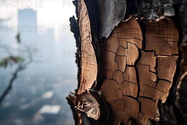 Tree barks texture cracked and dry juxtaposed with a faint city silhouette indicating climate change, AI generated