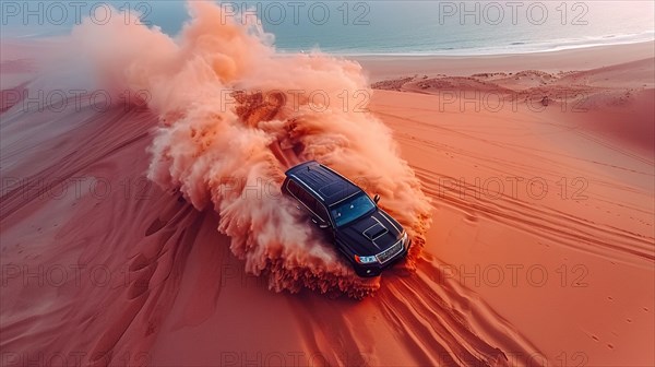An SUV kicking up a cloud of sand while driving swiftly through a desert, ai generated, AI generated