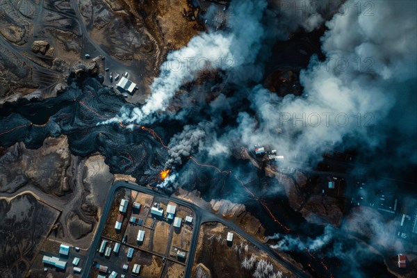 Drone image, aerial image, of a lava flow entering a settlement area after a volcanic eruption and destroying the infrastructure, symbolic image for natural disasters, AI generated, AI generated, AI generated