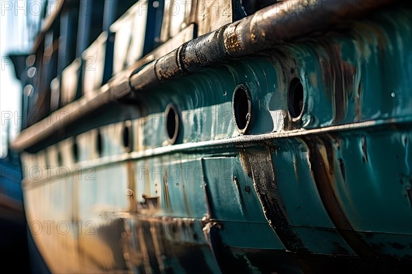 Close up ships hull under repair in seaport dry dock, AI generated