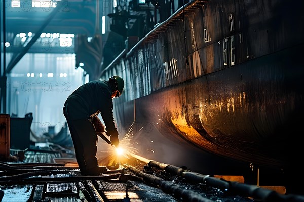 Close up ships hull under repair in seaport dry dock, AI generated