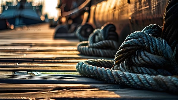 Ropes and bollards securing a ship at the dock at morning, AI generated