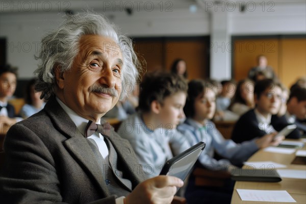 A man of advanced age, of the Albert Einstein type, senior citizen, sits next to young students with a digital tablet in the classroom, symbolic image, digital teaching, learning environment, adult education centre, course, training course, learning in old age, media skills in old age, eLearning, media education, AI generated, AI generated, AI generated