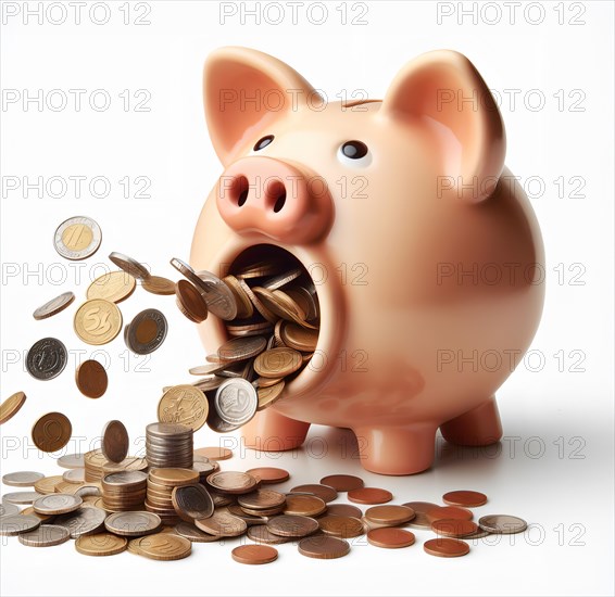 A piggy bank spits out coins with a flourish. Symbol photo saving, saver, money, finance, monetary policy, saving, AI generated, AI generated