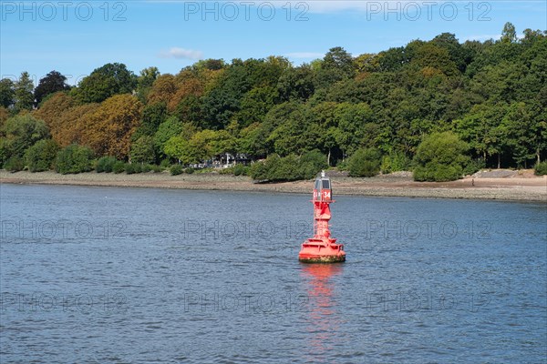 View over the Elbe beach in Hamburg harbour with buoy, Hanseatic City of Hamburg, Hamburg, Germany, Europe